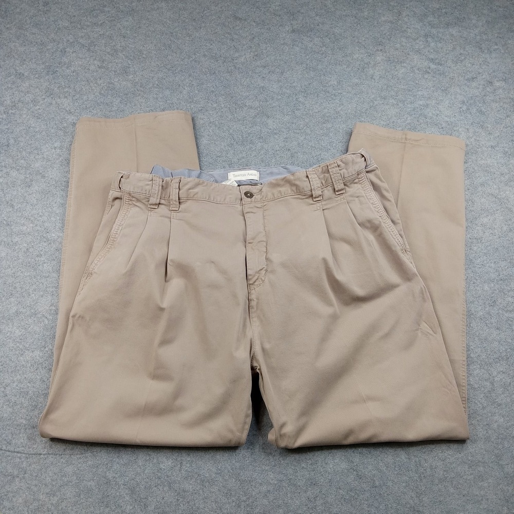 Territory Ahead Pants Mens 40x30 Beige Pleated Stretch Chino Casual Straight Leg